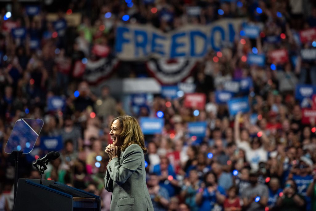 Vice President Kamala Harris smiles as she enters a rally for her presidential campaign Friday, Sept. 20, 2024, at the Alliant Energy Center in Madison, Wis. Angela Major/WPR