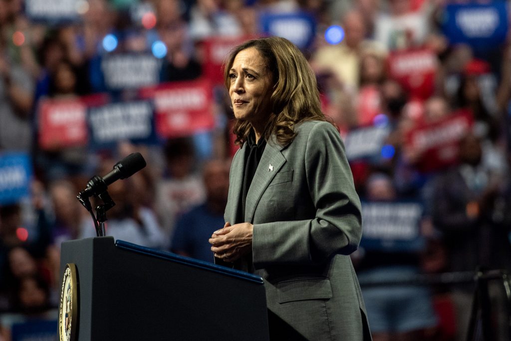 Vice President Kamala Harris speaks during a campaign rally Friday, Sept. 20, 2024, at the Alliant Energy Center in Madison, Wis. Angela Major/WPR