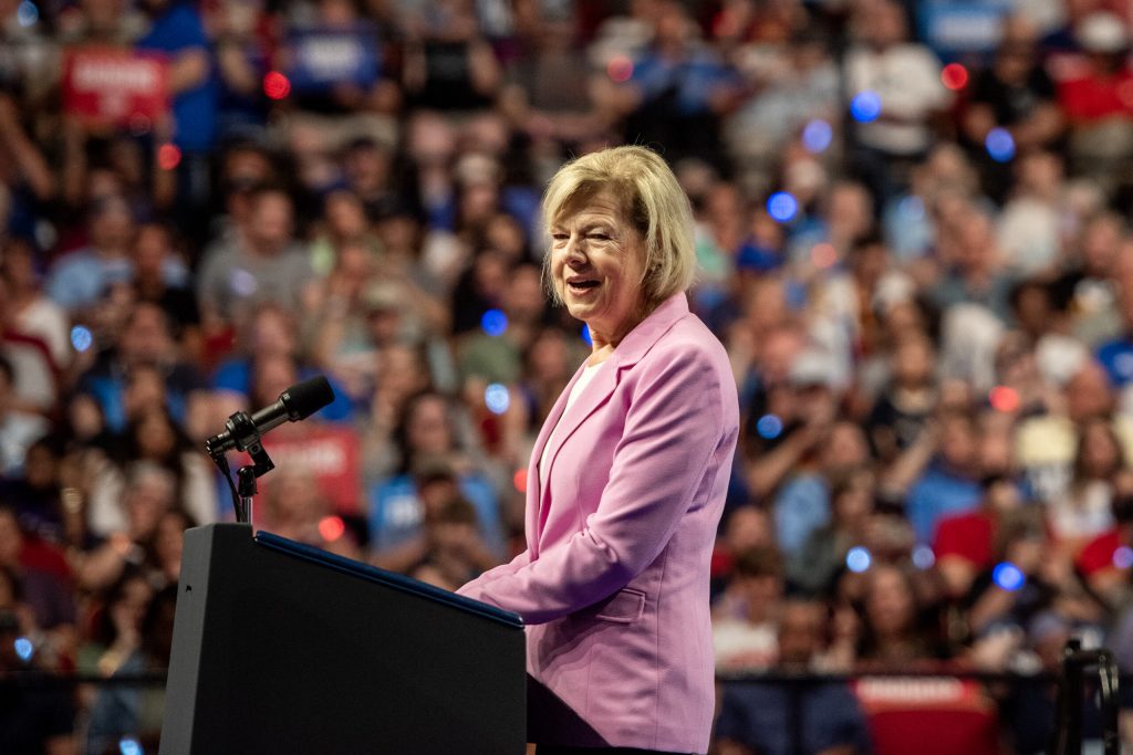 Sen. Tammy Baldwin speaks during a campaign rally for Vice President Kamala Harris on Friday, Sept. 20, 2024, at the Alliant Energy Center in Madison, Wis. Angela Major/WPR