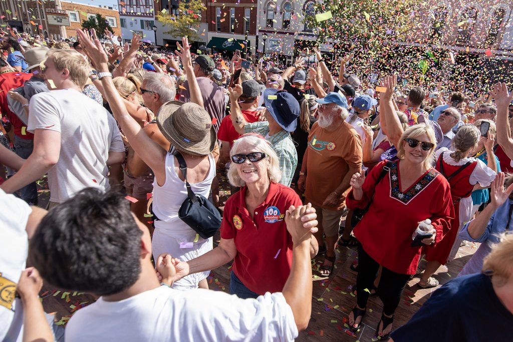 Green County Cheese Days attendees dance the polka in an attempt to break the world record for the biggest polka dance Saturday, Sept. 21, 2024, in Monroe, Wis. Angela Major/WPR