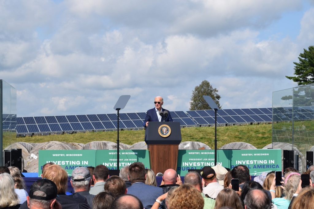 President Joe Biden speaks to a crowd in Westby, Wis. on Sept. 5, 2024. Hope Hirwan/WPR