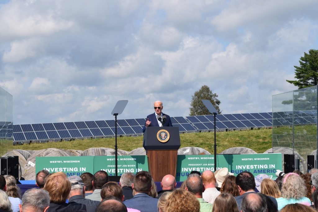 President Joe Biden speaks to a crowd in Westby, Wis. on Sept. 5, 2024. Hope Hirwan/WPR