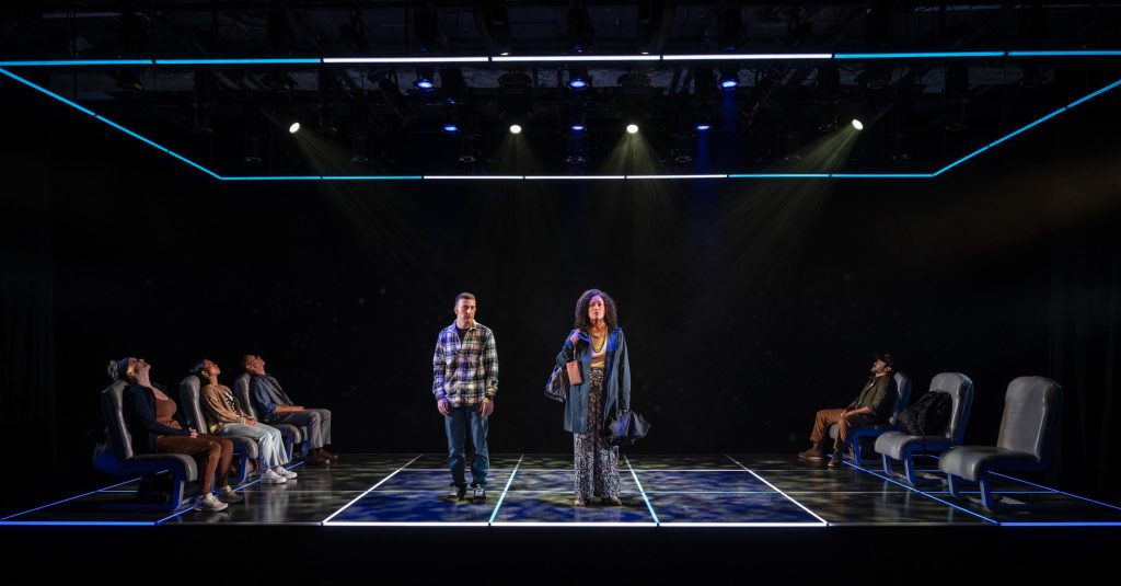 Milwaukee Repertory Theater presents The Coast Starlight in the Stiemke Studio, September 3 – October 6, 2024. Pictured: Kelley Faulkner, Emily S. Chang, Jonathan Wainwright, Jack Ball, Yadira Correa and Justin Huen. Photo by Michael Brosilow.