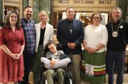 (From left to right) Sen. Melissa Agard, Josh and Megan Lowe, Nora Lowe, senior intergovernmental affairs specialist for the St. Croix Chippewa Indians of Wisconsin Michael Decorah, District II representative for Ho-Chunk Nation, Indigenous Cannabis Industry Association founder Rob Pero. (Photo | Isiah Holmes)