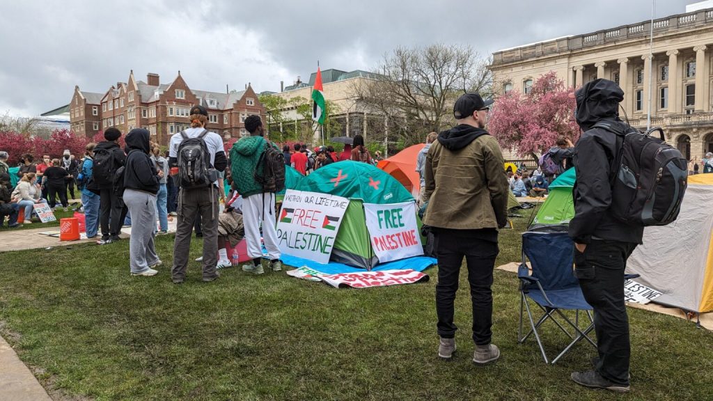 College students this past spring used on-campus encampments , including at the University of Wisconsin-Madison, to protest Israel's prosecution of the war on Hamas. New Universities of Wisconsin and UW-Madison policies have place strict limits on institutional statements by the UW system, its universities and university departments, requring viewpoint neutrality about matters outside the university system. (Baylor Spears | Wisconsin Examiner)