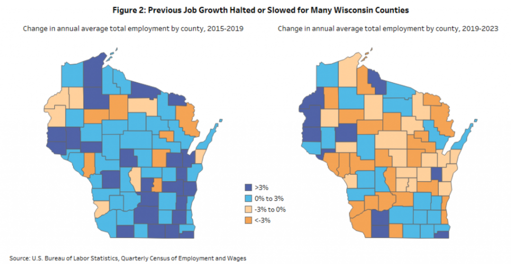 These maps compare job growth by Wisconsin county in the years before the pandemic, left, and the years after the pandemic, right. Graphic courtesy of Wisconsin Policy Forum