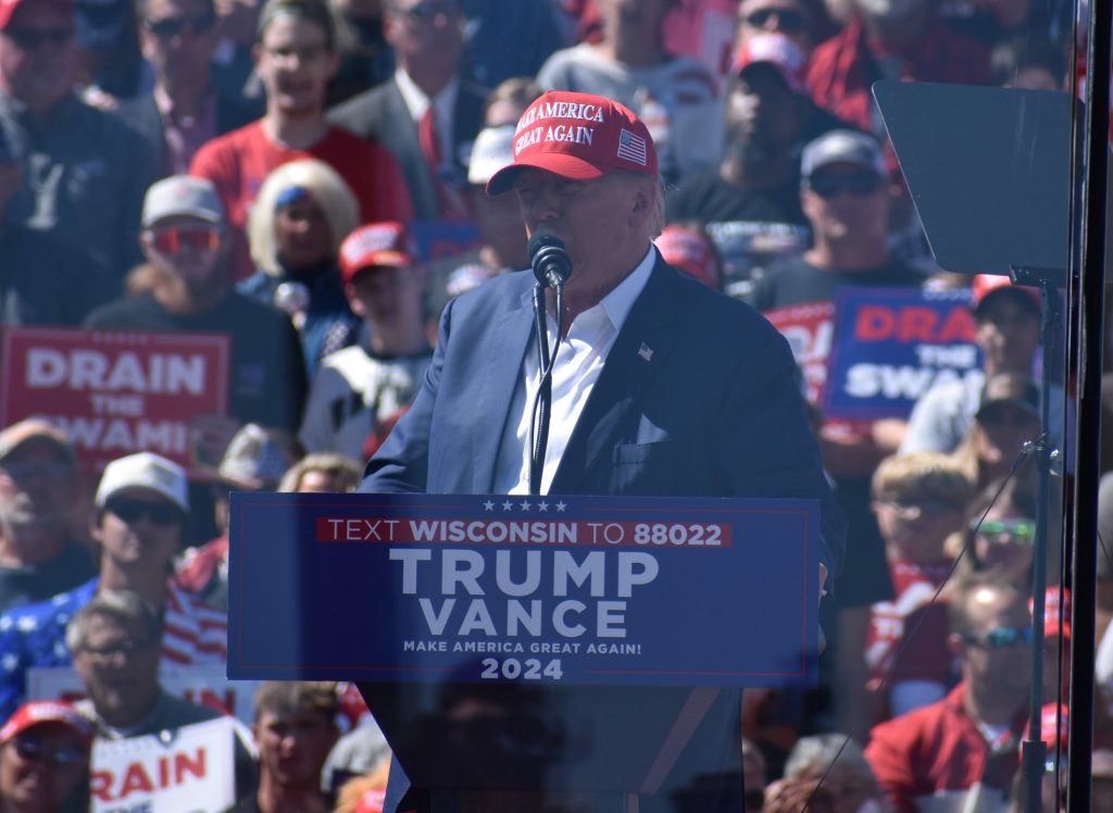 Republican presidential candidate Donald Trump speaks at a campaign rally in Mosinee, Saturday, Sept. 7, 2024. Rob Mentzer/WPR