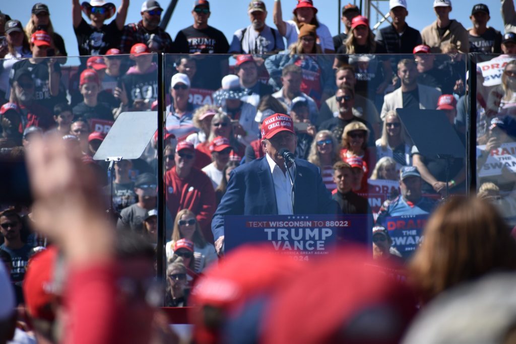 Republican presidential candidate Donald Trump speaks at a campaign rally in Mosinee, Saturday, Sept. 7, 2024. Rob Mentzer/WPR