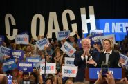 Tim and Gwen Walz take the stage at UW-Superior for a rally to mobilize voters in Superior on Sept. 14, 2024. Danielle Kaeding/WPR