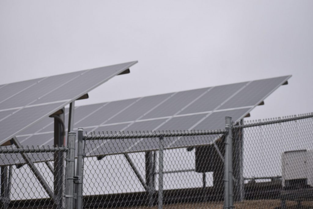 Solar panels at Huntsinger Farms in Eau Claire help meet 20 percent of the operation’s energy needs, according to president Eric Rygg. Members of President Joe Biden’s cabinet toured the farm on Wednesday, Nov. 8, 2023, as part of the administration touting investments in rural America. Danielle Kaeding/WPR