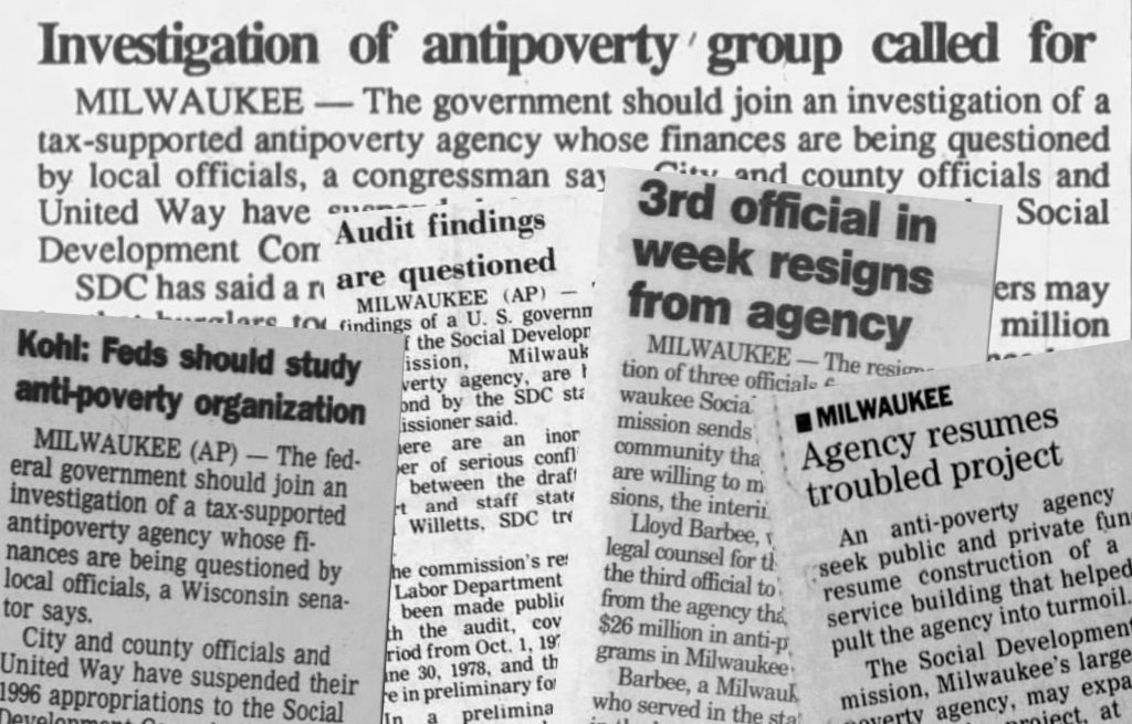 Clippings from the Associated Press and other newspaper wires describe controversies the Social Development Commission faced in past decades — echoing more recent problems that prompted its sudden closure in April 2024.