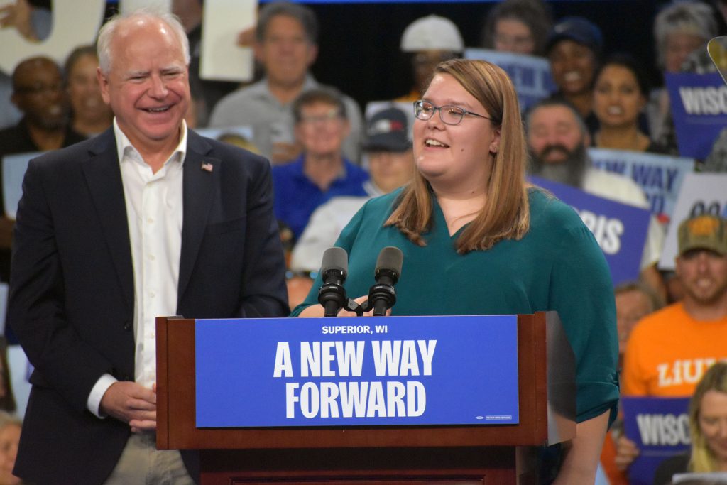 UW-Superior student Isabella Lyste, 20, backs the Walz-Harris campaign during a rally at UW-Superior on Sept. 14, 2024. Danielle Kaeding/WPR