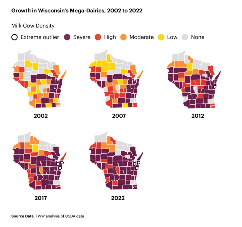 Maps showing the density of factory dairy farms in Wisconsin growing from 2022 to 2022. (Food and Water Watch)