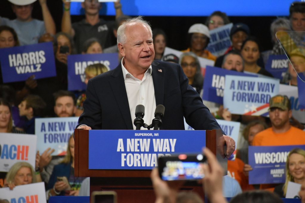 Minnesota Gov. Tim Walz speaks to rallygoers at UW-Superior on Sept. 14, 2024. Danielle Kaeding/WPR