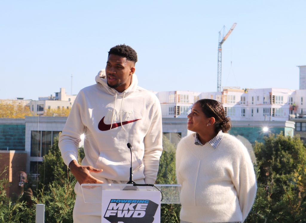 Giannis and Mariah Antetokounmpo speak at a press conference announcing the Powering Milwaukee Forward initiative. Photo taken Oct. 18, 2024 by Sophie Bolich.