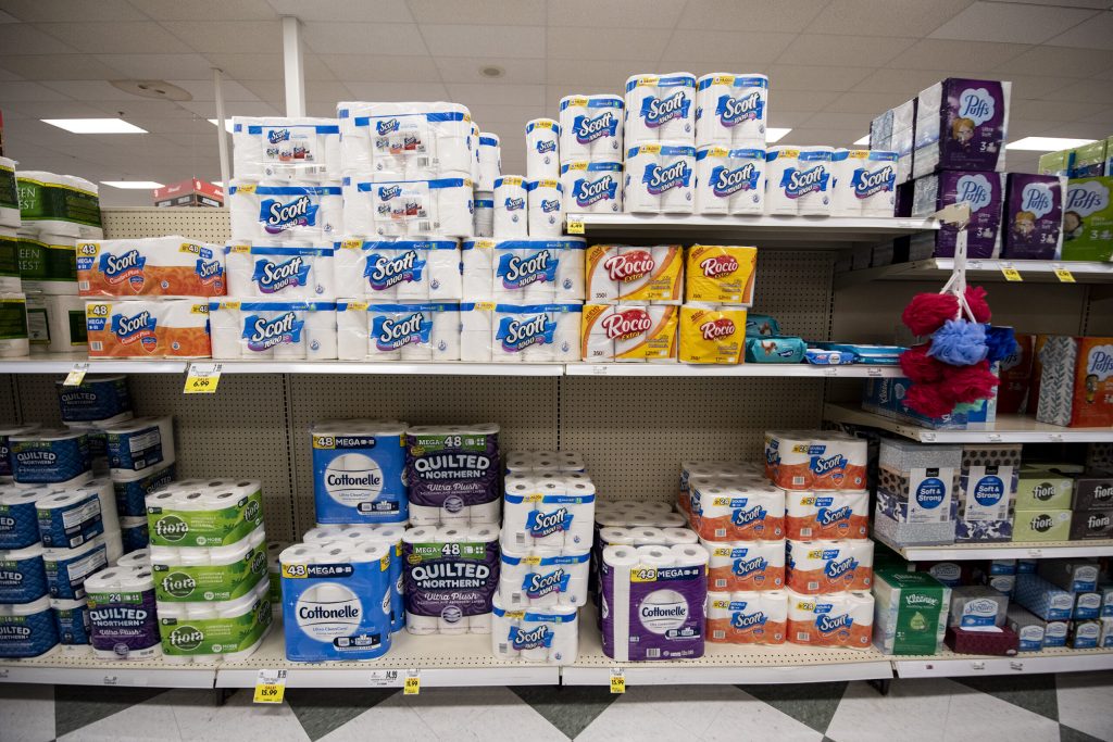 Toilet paper including the brand Scott, a brand from the company Kimberly-Clark, are among items on a grocery store shelf Wednesday, March 31, 2021, at Schnucks in Janesville, Wis. Angela Major/WPR