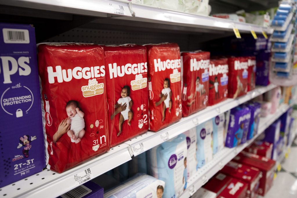 Huggies diapers, a Kimberly-Clark brand, are on display Wednesday, March 31, 2021, at Schnucks grocery store in Janesville, Wis. Angela Major/WPR