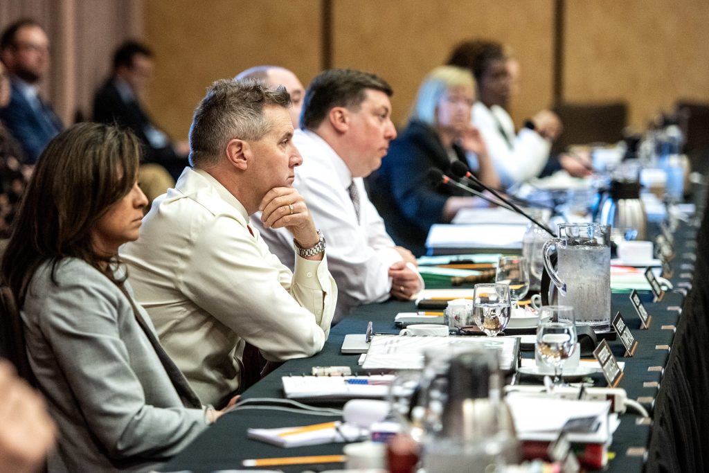 Rep. Shannon Zimmerman listens with other legislators during a Joint Finance Committee public hearing Wednesday, April 12, 2023, at the Wilderness Resort in Wisconsin Dells, Wis. Angela Major/WPR