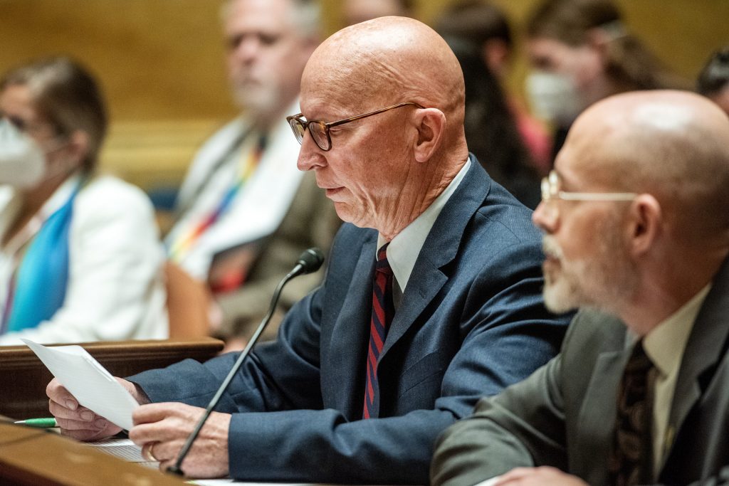 Sen. Duey Stroebel presents Assembly Bill 465 with Rep. Scott Allen on Oct. 4, 2023, at the Wisconsin State Capitol in Madison, Wis. Angela Major/WPR