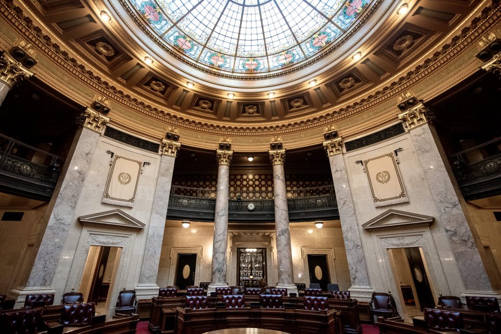 The Wisconsin State Senate chambers on Thursday, Dec. 14, 2023, at the Wisconsin State Capitol in Madison, Wis. Angela Major/WPR