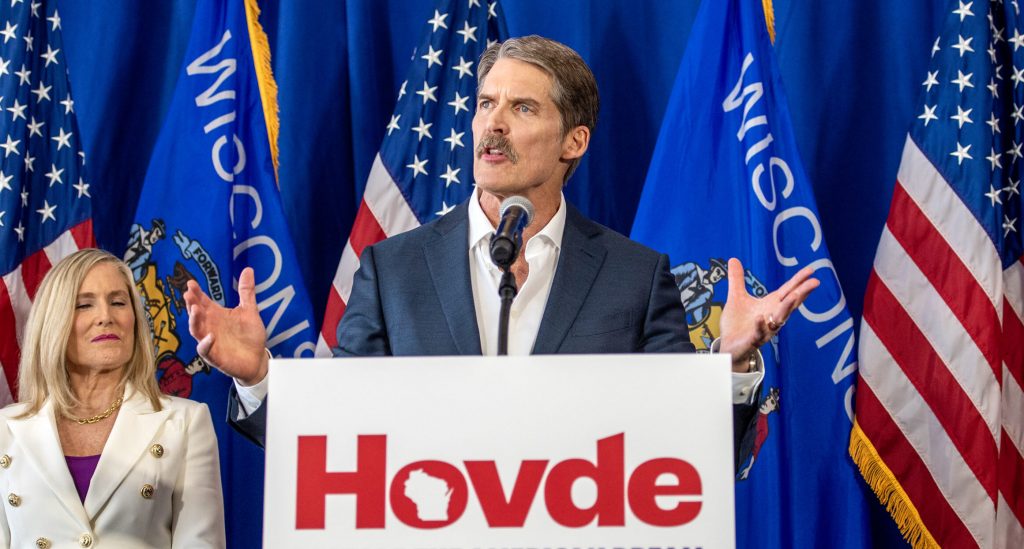 Republican Eric Hovde announces his campaign for U.S. Senate on Tuesday, Feb. 20, 2024, in Madison, Wis. Angela Major/WPR