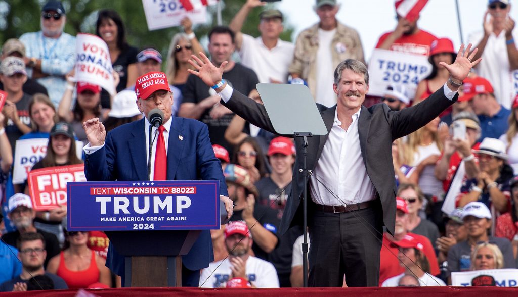 Former President Donald Trump speaks at a campaign rally alongside Republican U.S. Senate candidate Eric Hovde, right, on Tuesday, June 18, 2024, in Racine, Wis. Angela Major/WPR