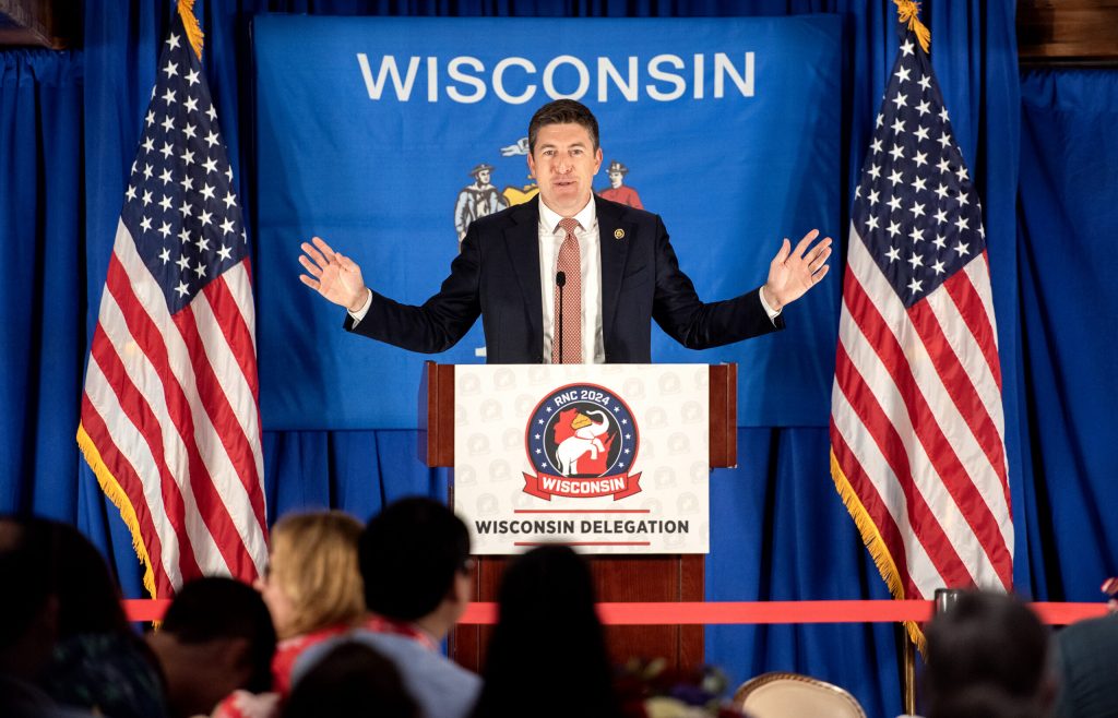 U.S. Rep. Bryan Steil speaks at the Wisconsin delegation breakfast Tuesday, July 16, 2024, at the Hampton Inn and Suites in Milwaukee, Wis. Angela Major/WPR