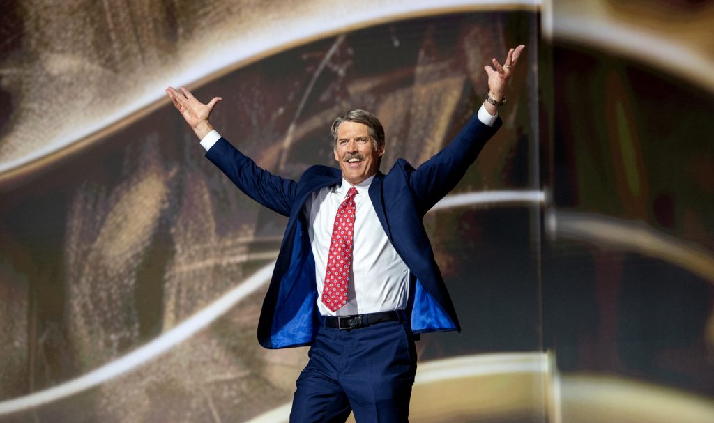 Senate Candidate Eric Hovde walks on stage during the second day of the RNC on Tuesday, July 16, 2024, at the Fiserv Forum in Milwaukee, Wis. Angela Major/WPR