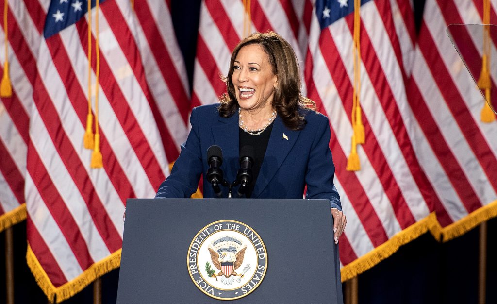 Vice President Kamala Harris speaks Tuesday, July 23, 2024, at West Allis Central High School in West Allis, Wis. Angela Major/WPR