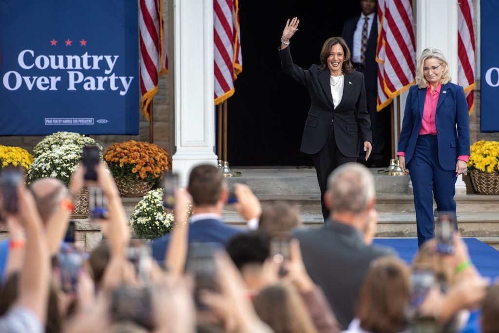 Vice President Kamala Harris and Republican former Congresswoman Liz Cheney walk together before Harris’ speech Thursday, Oct. 3, 2024, at Ripon College in Ripon, Wis. Angela Major/WPR