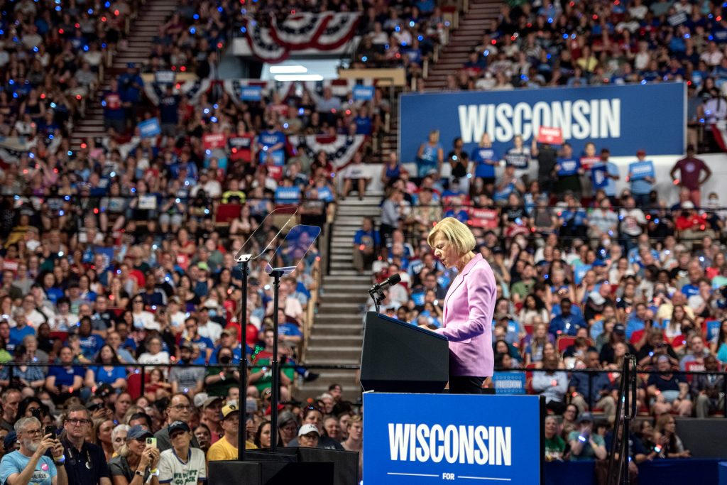 Sen. Tammy Baldwin speaks to the crowd gathered for a Vice President Kamala Harris rally Friday, Sept. 20, 2024, at the Alliant Energy Center in Madison, Wis. Angela Major/WPR