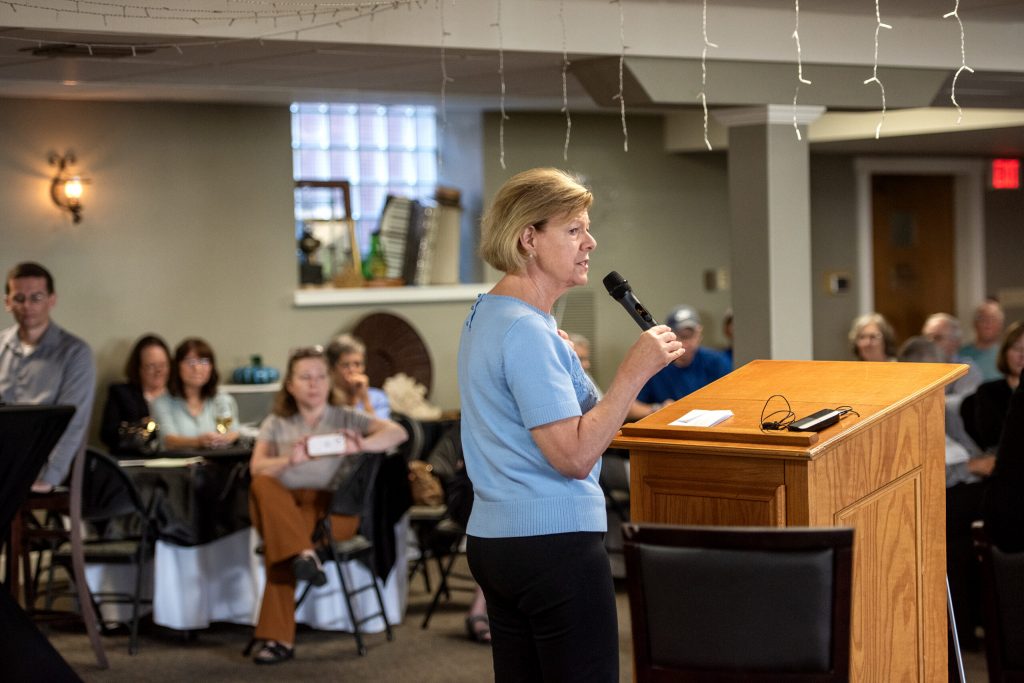 Sen. Tammy Baldwin speaks during a campaign stop Friday, Oct. 4, 2024, in Beaver Dam, Wis. Angela Major/WPR