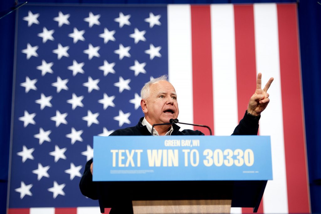 Vice Presidential candidate Gov. Tim Walz speaks to supporters during a campaign for his running mate Vice President Kamala Harris’ presidential campaign Monday, Oct. 14, 2024, in Green Bay, Wis. Angela Major/WPR