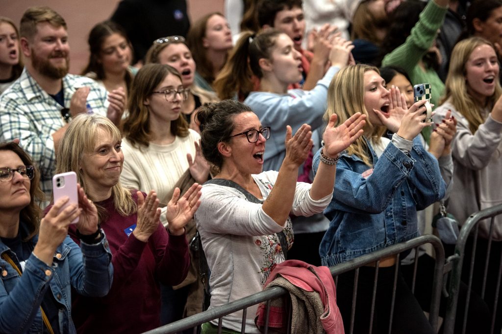 Supporters of Vice President Kamala Harris applaud as she speaks about abortion access Thursday, Oct. 17, 2024, at UW-La Crosse, Wis. Angela Major/WPR