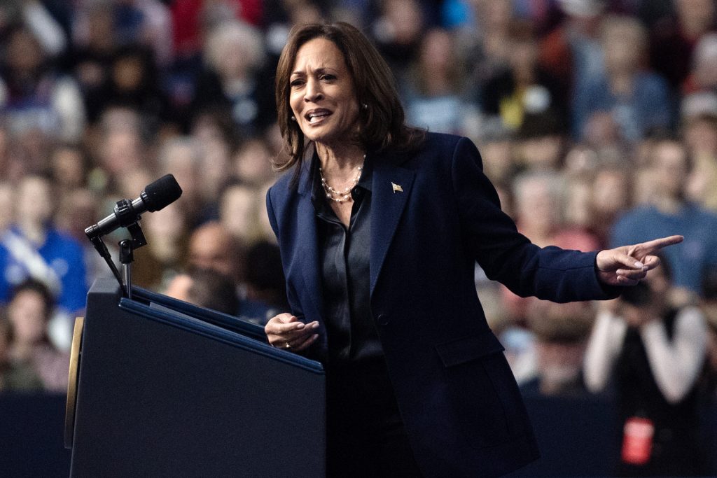 Vice President Kamala Harris speaks during a campaign rally Thursday, Oct. 17, 2024, at UW-La Crosse, Wis. Angela Major/WPR