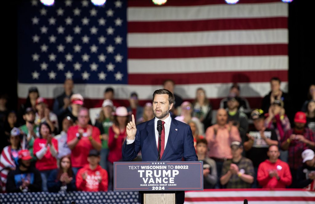 Republican vice presidential candidate JD Vance speaks Monday, Oct. 28, 2024, at Racine Memorial Hall in Racine, Wis. Angela Major/WPR