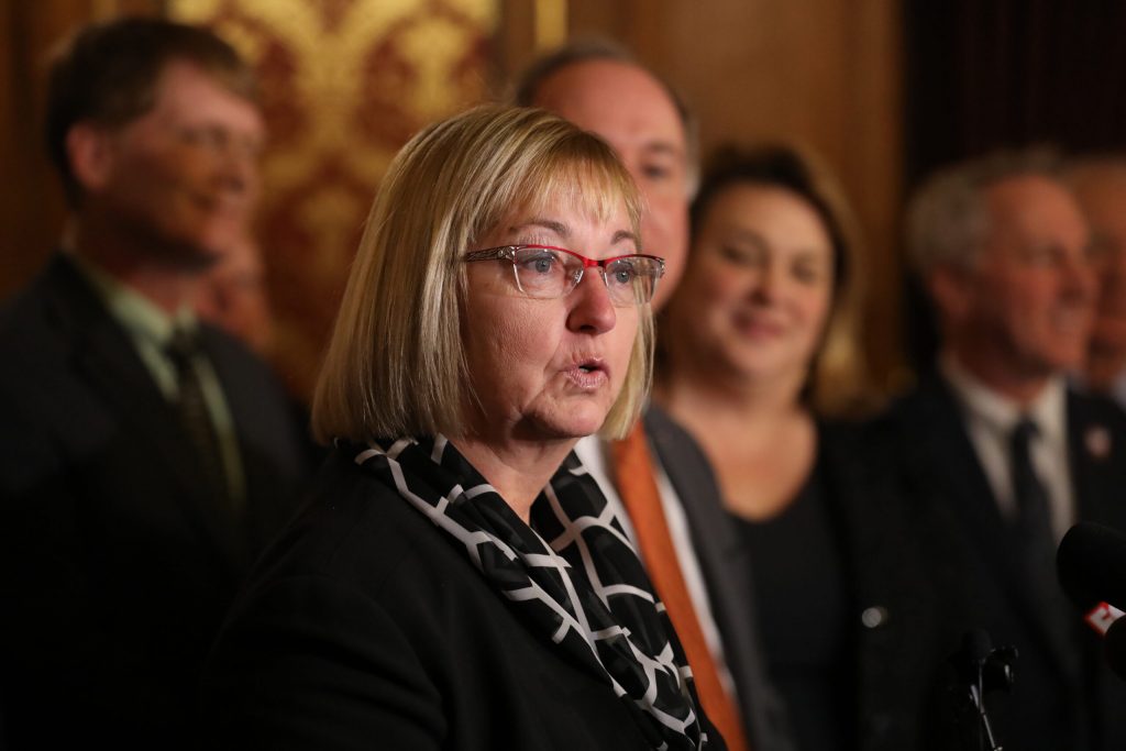 Republican Joan Ballweg speaks at a state Capitol news conference. Coburn Dukehart/Wisconsin Center for Investigative Journalism