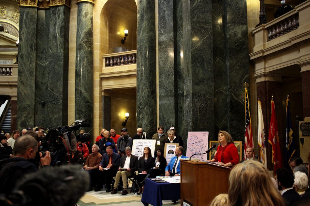 Rep. Janel Brandtjen speaks at a February 2022 rally of election conspiracy theorists, where she told them "you're not crazy." (Henry Redman | Wisconsin Examiner)