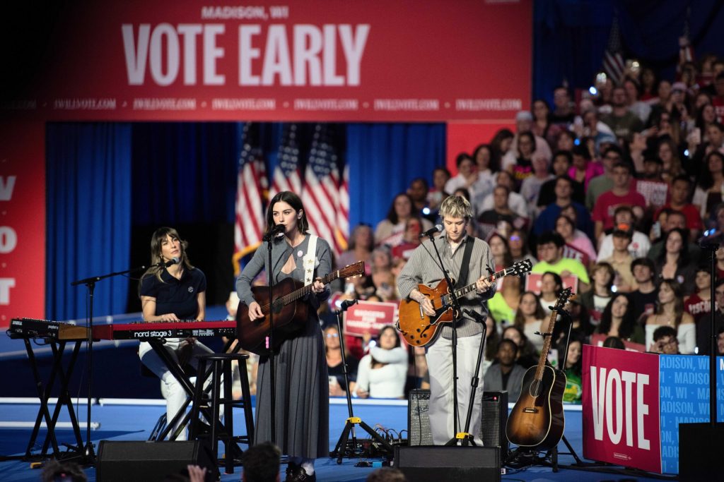 Gracie Abrams performs at a rally for VP Kamala Harris at the Alliant Energy Center in Madison, Wis., on Oct. 30, 2024. Angela Major/WPR