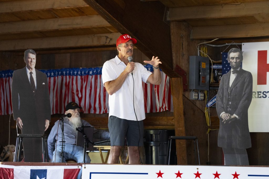 Republican U.S. Senate candidate Eric Hovde addresses the crowd Sept. 21, 2024, during the 9th annual Rally for Liberty at the Manawa Rodeo Grounds in Manawa, Wis. (Joe Timmerman / Wisconsin Watch)