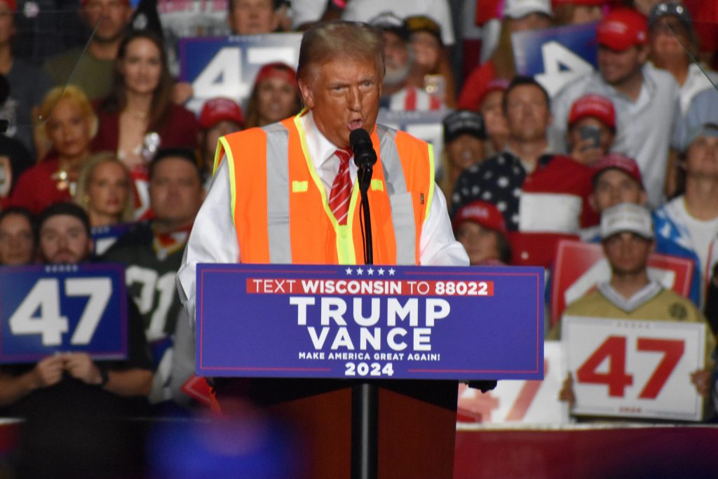 Republican former President Donald Trump speaks during a rally at the Resch Center in Ashwaubenon on Oct. 30, 2024. Joe Schulz/WPR