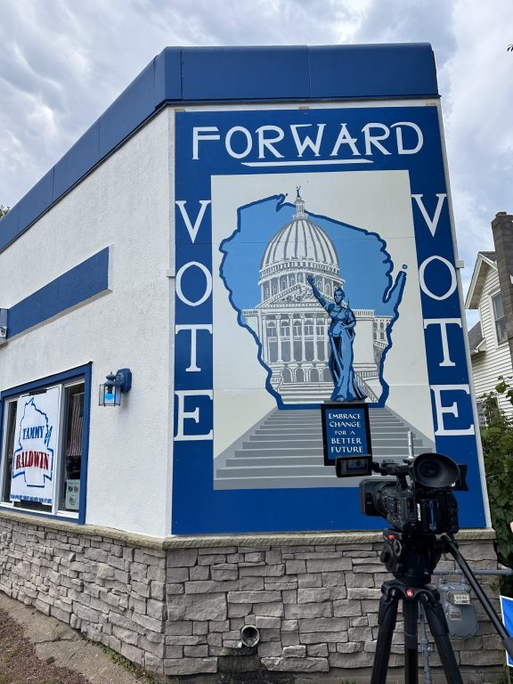 Lady Forward mural on the Richland County Democratic Party offices in Richland Center, Wis. Anya van Wagtendonk/WPR