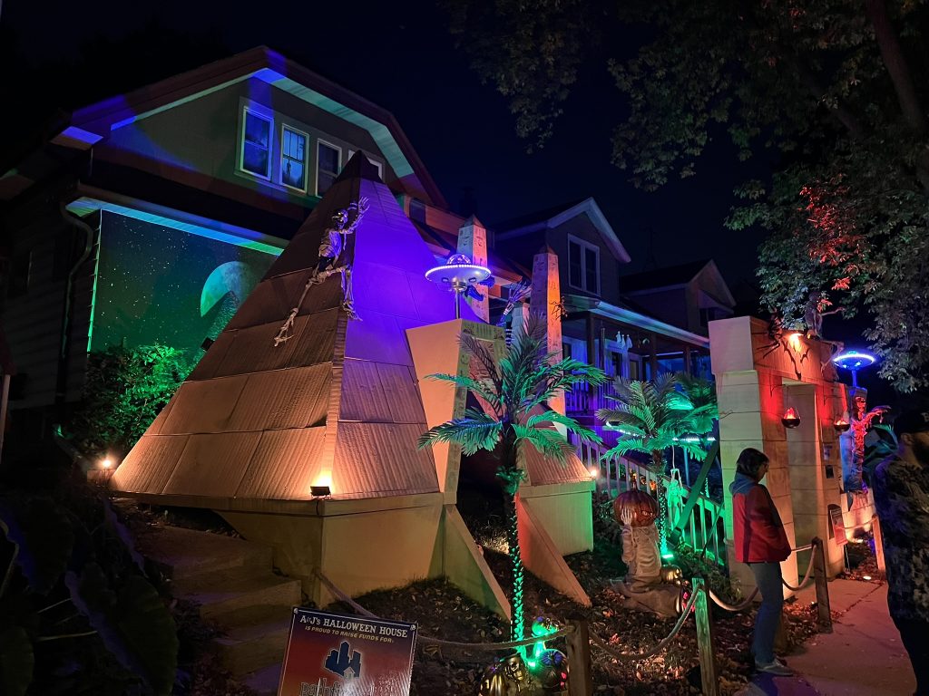 A&J's Halloween House with Ancient Alien display. Photo by Jeramey Jannene.