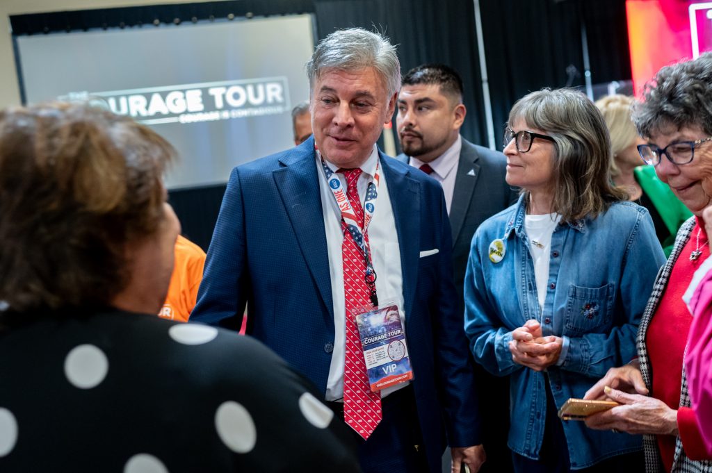 Lance Wallnau talks to attendees at the Pittsburgh-area stop of his Courage Tour in September. (Stephanie Strasburg for ProPublica)