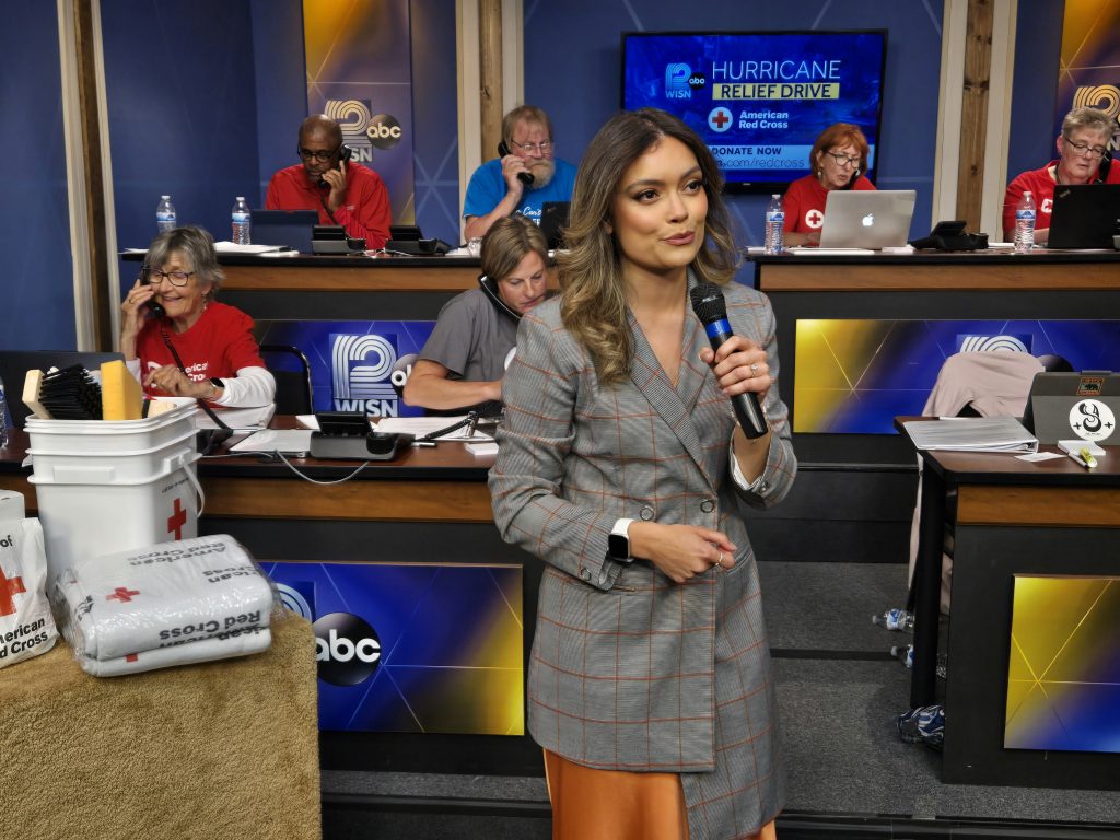 Diana Gutierrez and the WISN 12 Helene Phone Bank. Photo courtesy of WISN 12.