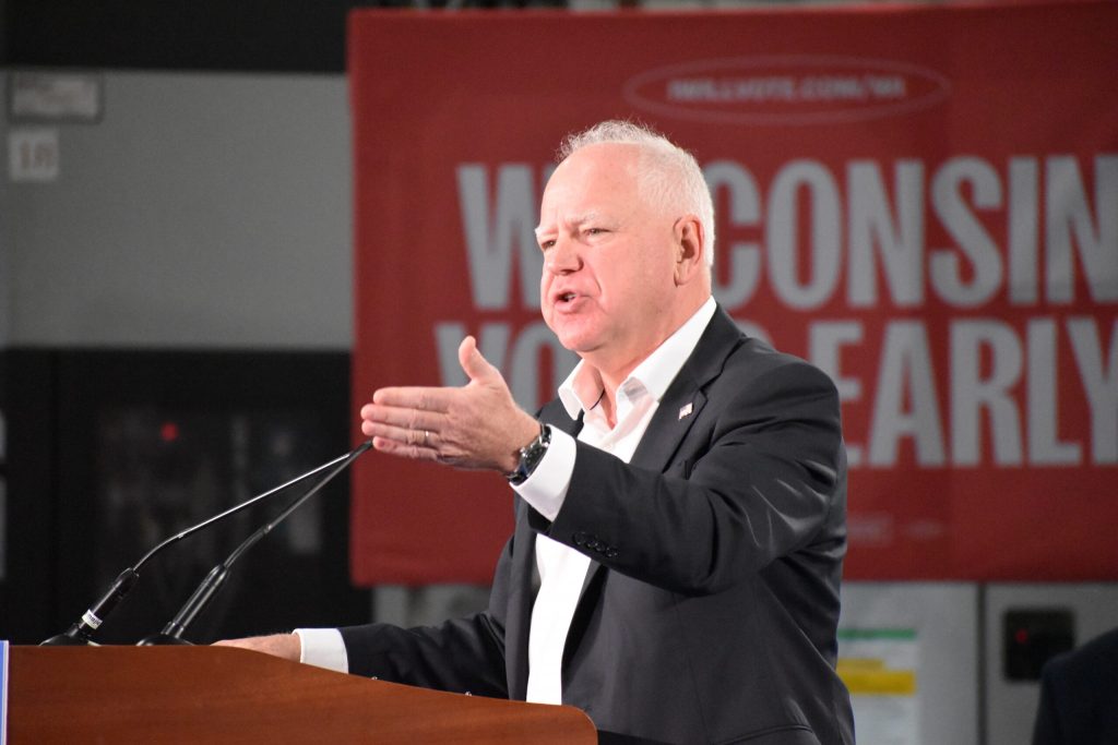 Minnesota Gov. Tim Walz, the Democratic vice presidential candidate, speaks at Manitowoc Pattern and Machining in Manitowoc, Wis. on Oct. 28, 2024. Joe Schulz/WPR