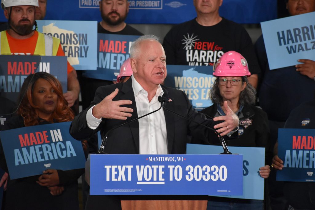 Democratic Vice Presidential candidate Minnesota Gov. Tim Walz speaks at Manitowoc Pattern and Machining in Manitowoc, Wis. on Oct. 28, 2024. (Joe Schulz/WPR)