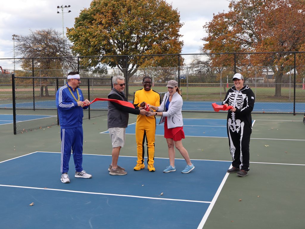 (left to right) Milwaukee County Parks Director Guy Smith, Village of West Milwaukee President John Stalewski, County Executive David Crowley, Sup. Sky Capriolo, Parks Organized Sports Manager Alyssa Krueger.