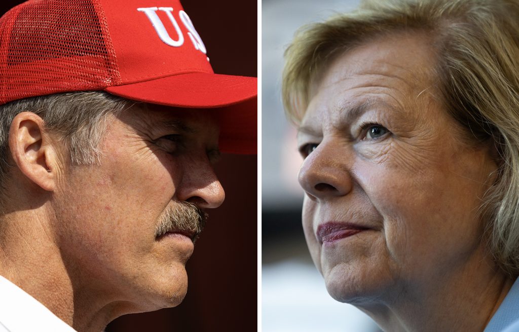 Left: Republican U.S. Senate candidate Eric Hovde is hoping 2024 is a change election. Right: U.S. Sen. Tammy Baldwin, D-Wis., has consistently led in the polls. (Joe Timmerman / Wisconsin Watch)