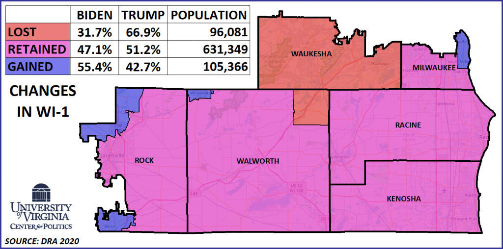 Territorial changes to Wisconsin’s 1st Congressional District under new political maps drawn by Gov. Tony Evers and approved by the state Supreme Court on March 3, 2022. Map courtesy of J. Miles Coleman